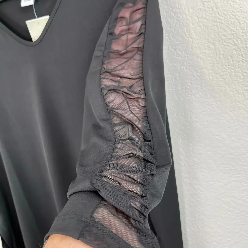 Carmen Marc Valvo Black V-Neck Sheer Mesh Sleeve Blouse NWT Large - Picture 8 of 11